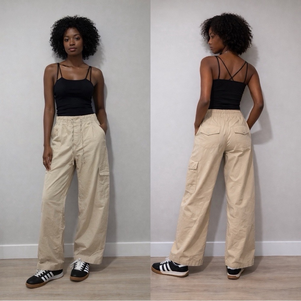 ZARA Drawstring Cargo High Rise Wide Leg Khaki Cotton Pants Sz S